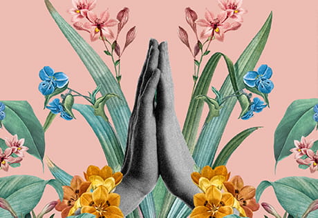 A graphic design showing hands in a prayer position with colourful flowers and reeds around