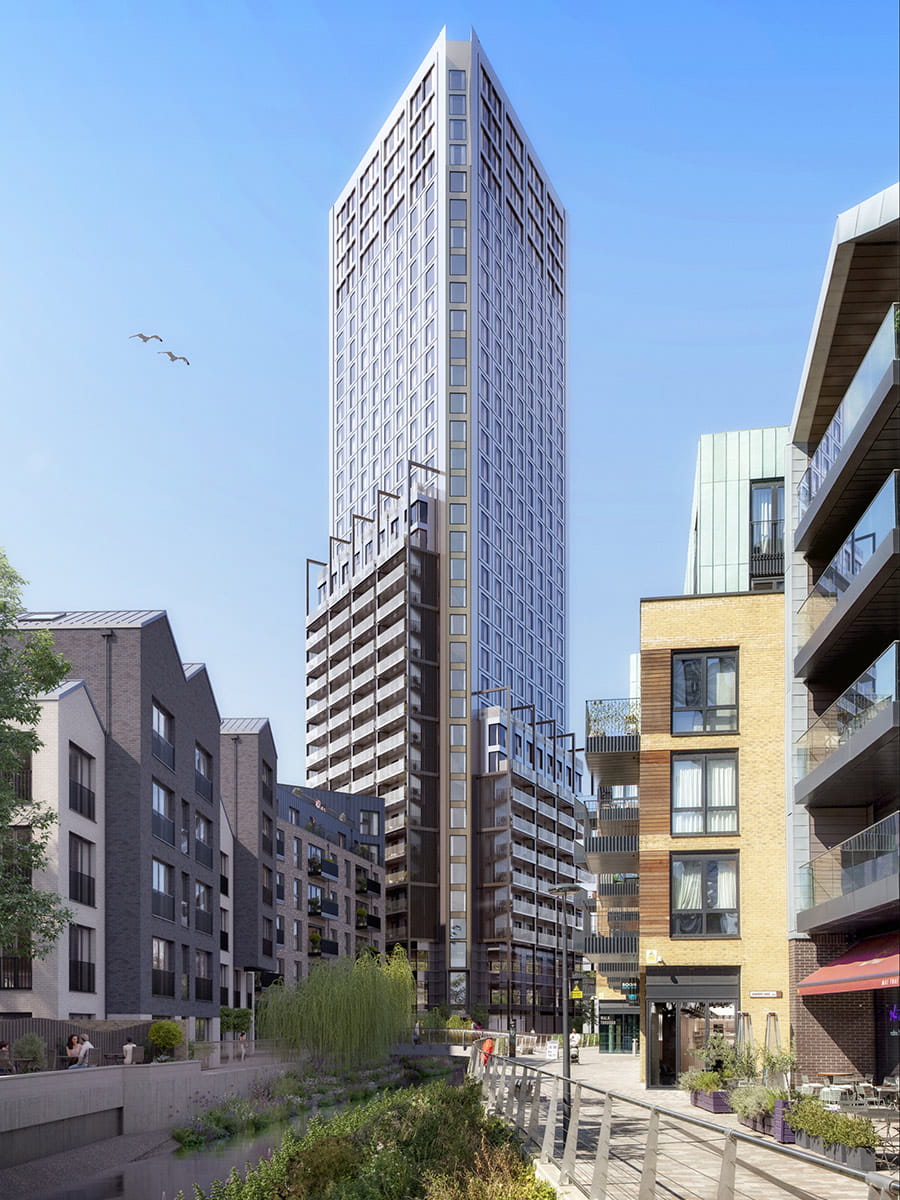 An exterior CGI of Wandsworth Mills