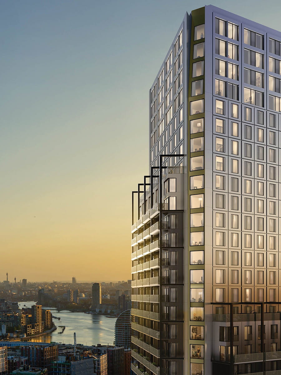 An exterior CGI of Wandsworth Mills at dusk