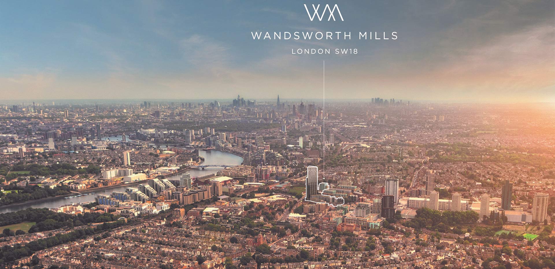 An aerial image of London highlighting Wandsworth Mills