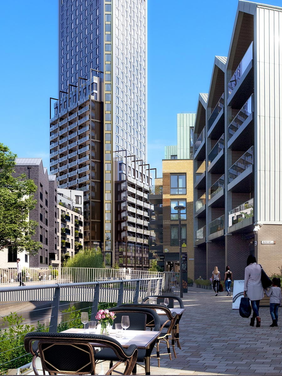 An exterior CGI of Wandsworth Mills