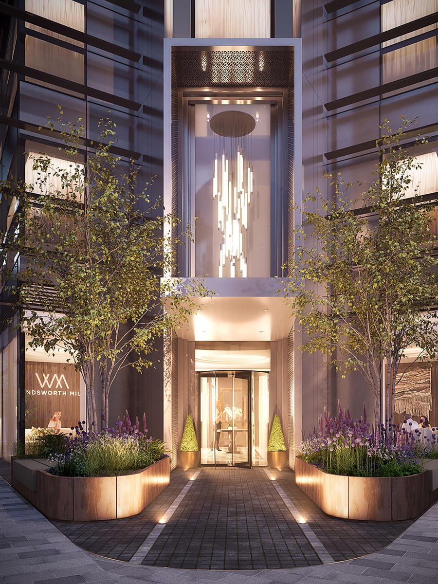 An exterior CGI image of Wandsworth Mills front at night