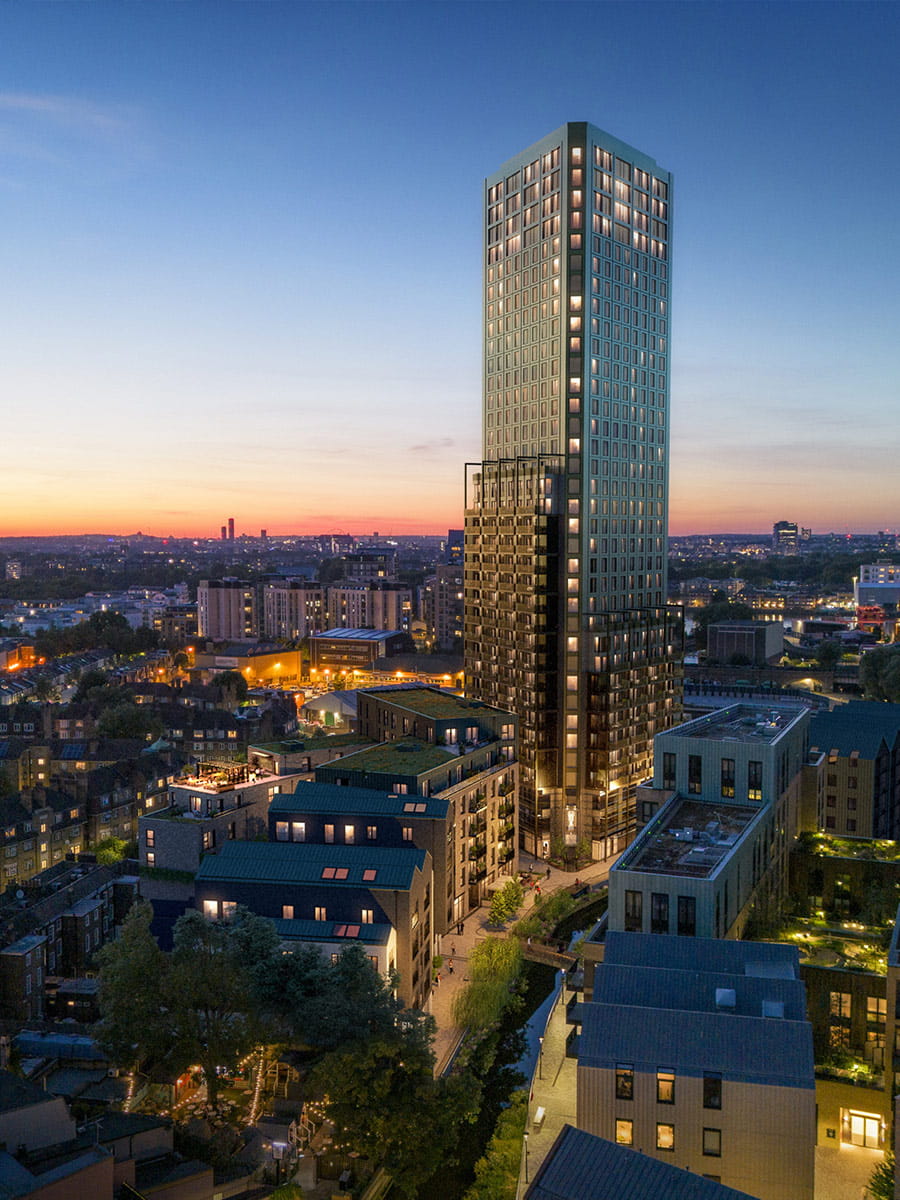 An exterior CGI of Wandsworth Mills with a view of the Local Area at night