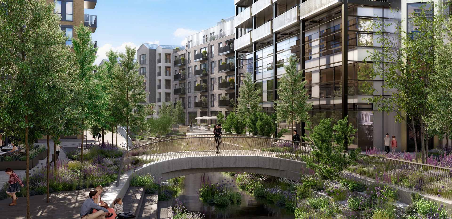 An exterior CGI of the walk ways and bridge at Wandsworth Mills