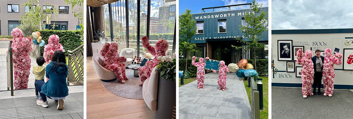 An image of flower dressed actors around Wandsworth Mills