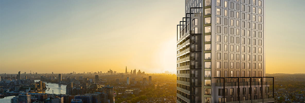 An exterior image of Wandsworth Mills with a London Skyline