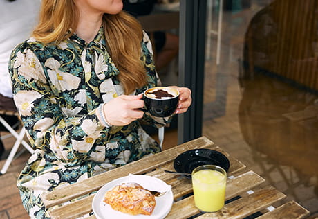 A photograph of someone enjoying breakfast at a cafe