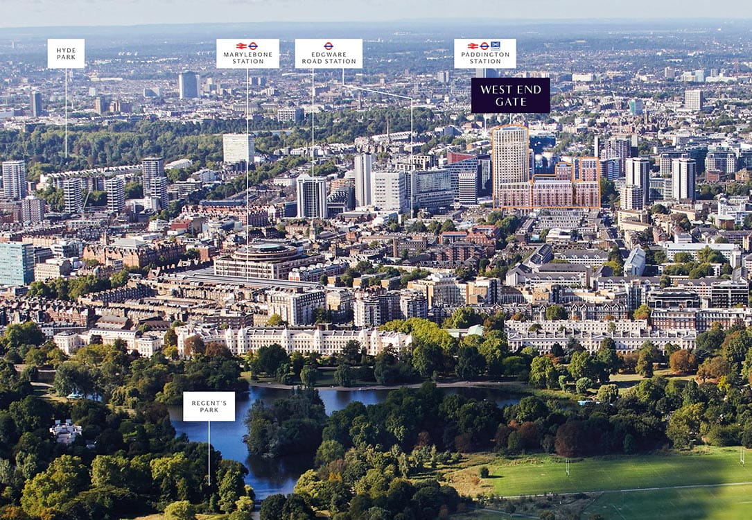 Location of West End Gate along with other London landmarks and stations