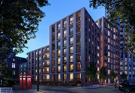 An exterior CGI of West End Gate at night