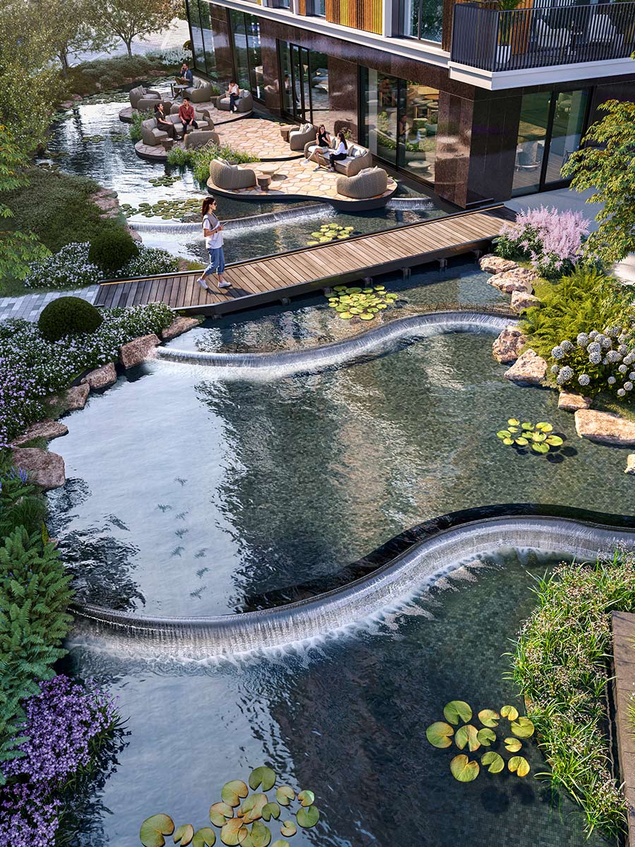 Cascades peaceful residents' garden aerial view