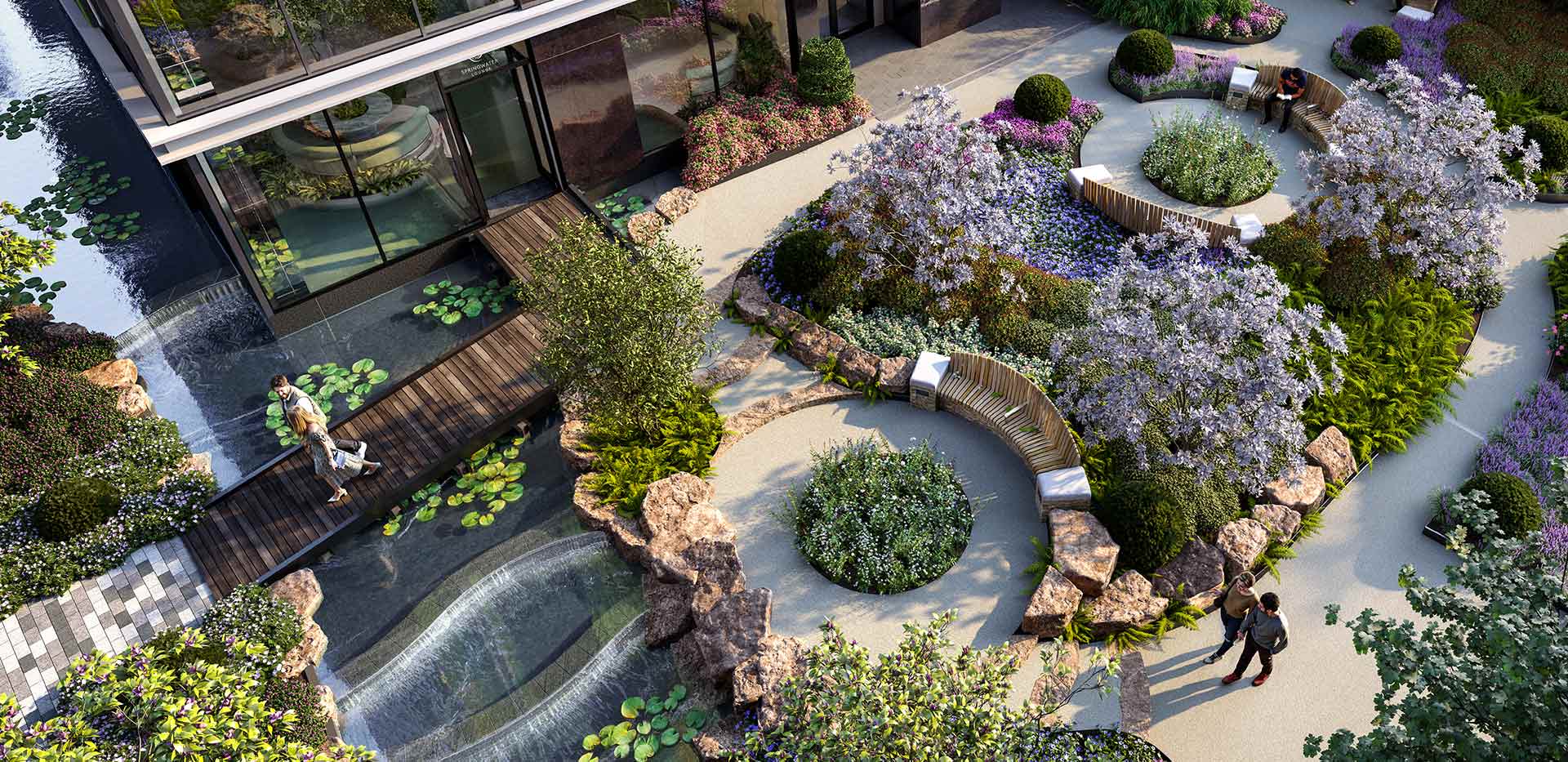 Cascades peaceful residents' garden aerial view