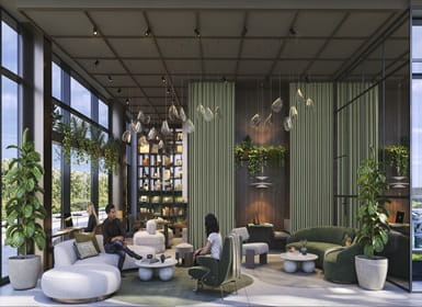 Affluent, modern designed bar and lounge with designer seating areas and indoor plants.