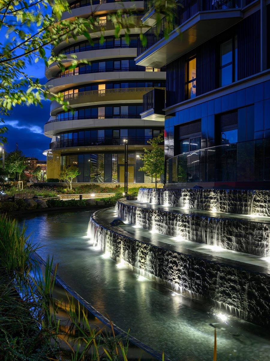 A night time shot of White City Living