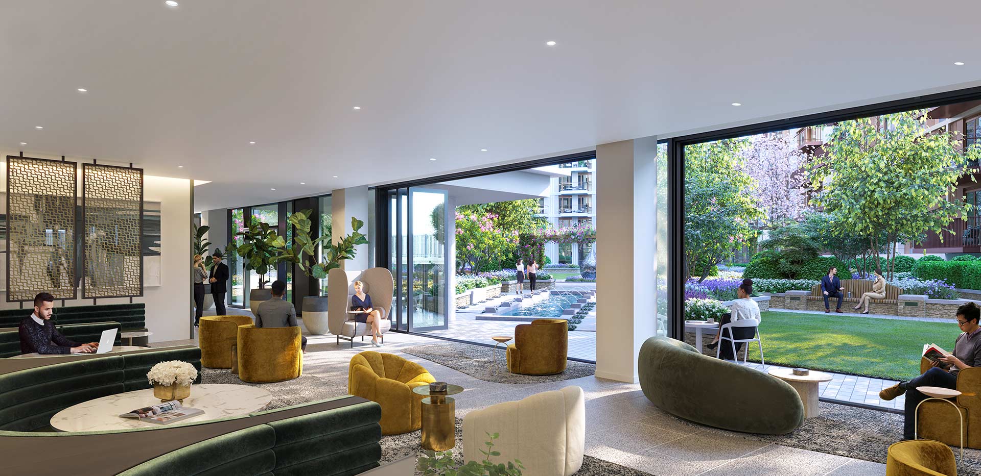 Resident's Facilities - ground floor resident's lounge with several seating spots and a window view looking out on the development