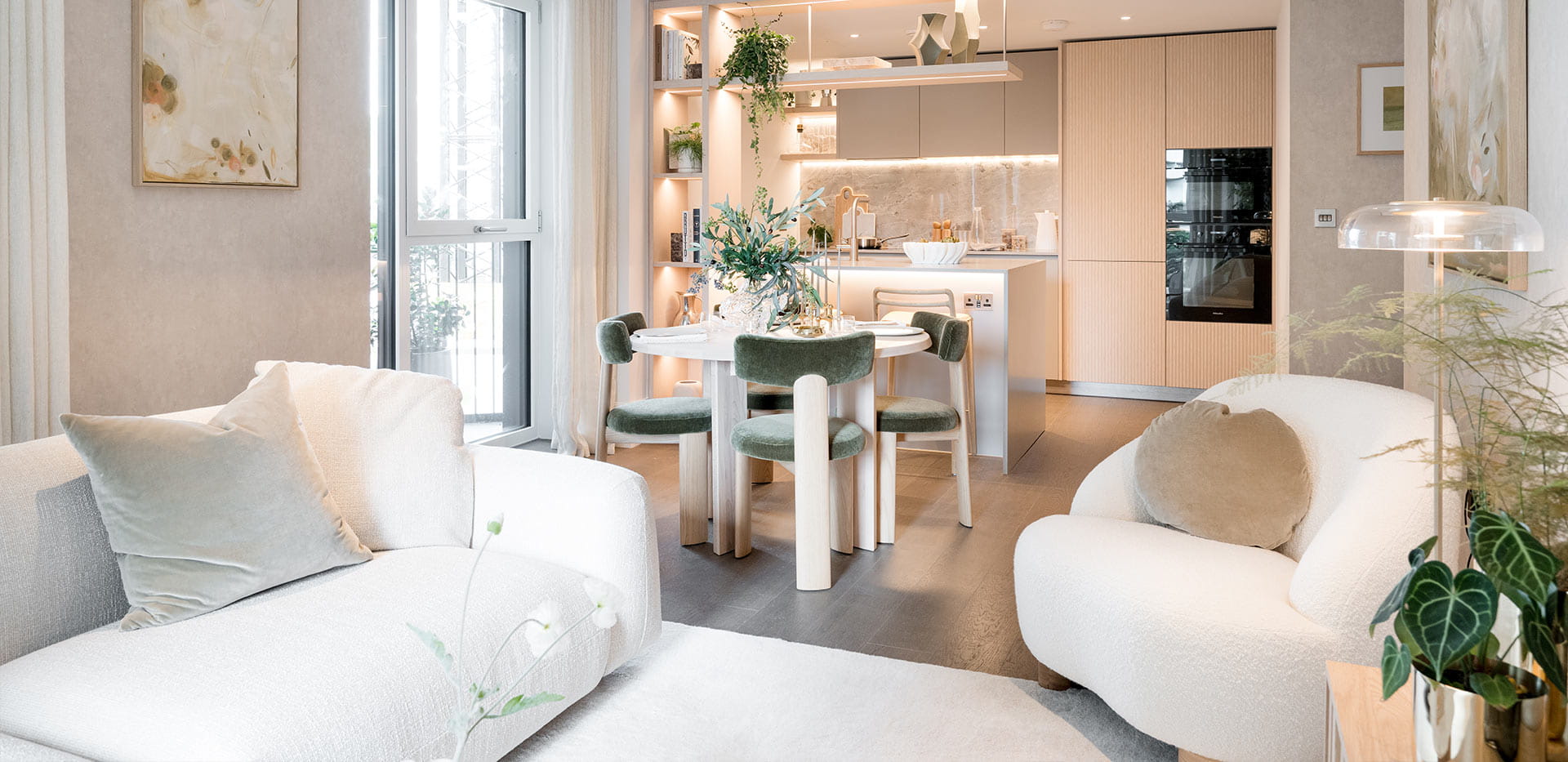 An interior image of the Living / Dining / Kitchen at apartment S1.04