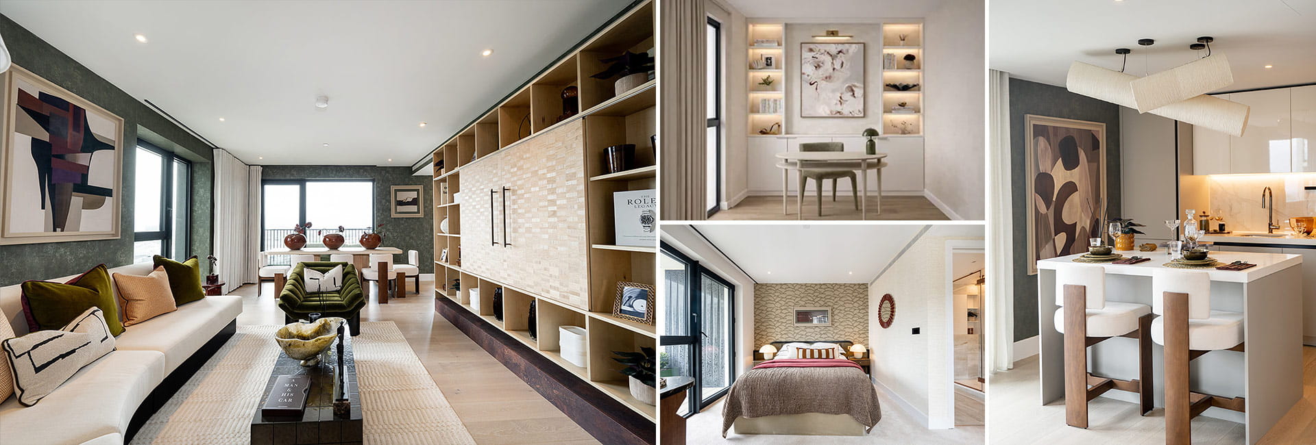 Image montage of living space, bedroom, study area, kitchen dining space for Solaris One Elite Homes