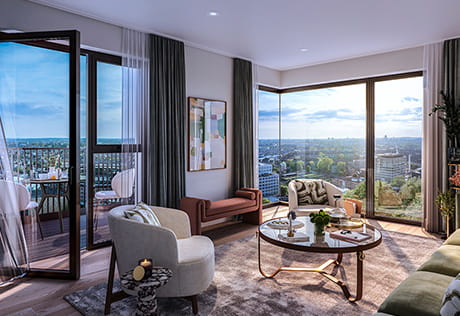 An image of a living room with skyline views within a show apartment at The Solaris
