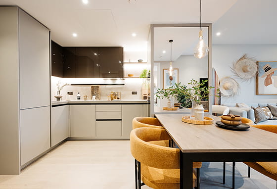 An interior kitchen image within a showhome at White City Living
