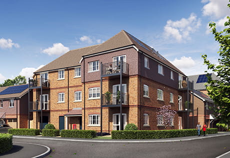 An exterior CGI of Bourne House Apartments at Winterbrook Meadows