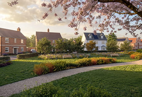 An exterior CGI street scene from Winterbrook Meadows