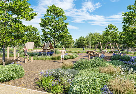 An exterior CGI of The Meadow Keep play park at Winterbrook Meadows