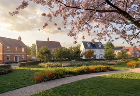 Scene of new build homes with grassed lawn in foreground and cherry tree blossom above.