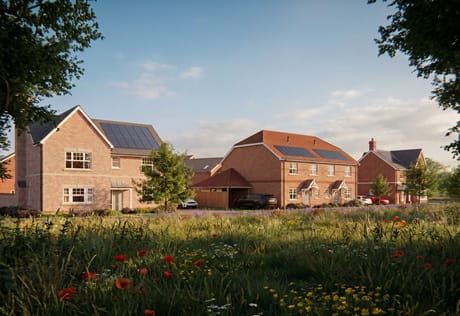 CGI of housing development exterior facades, solar panels on roofs, grassland in foreground