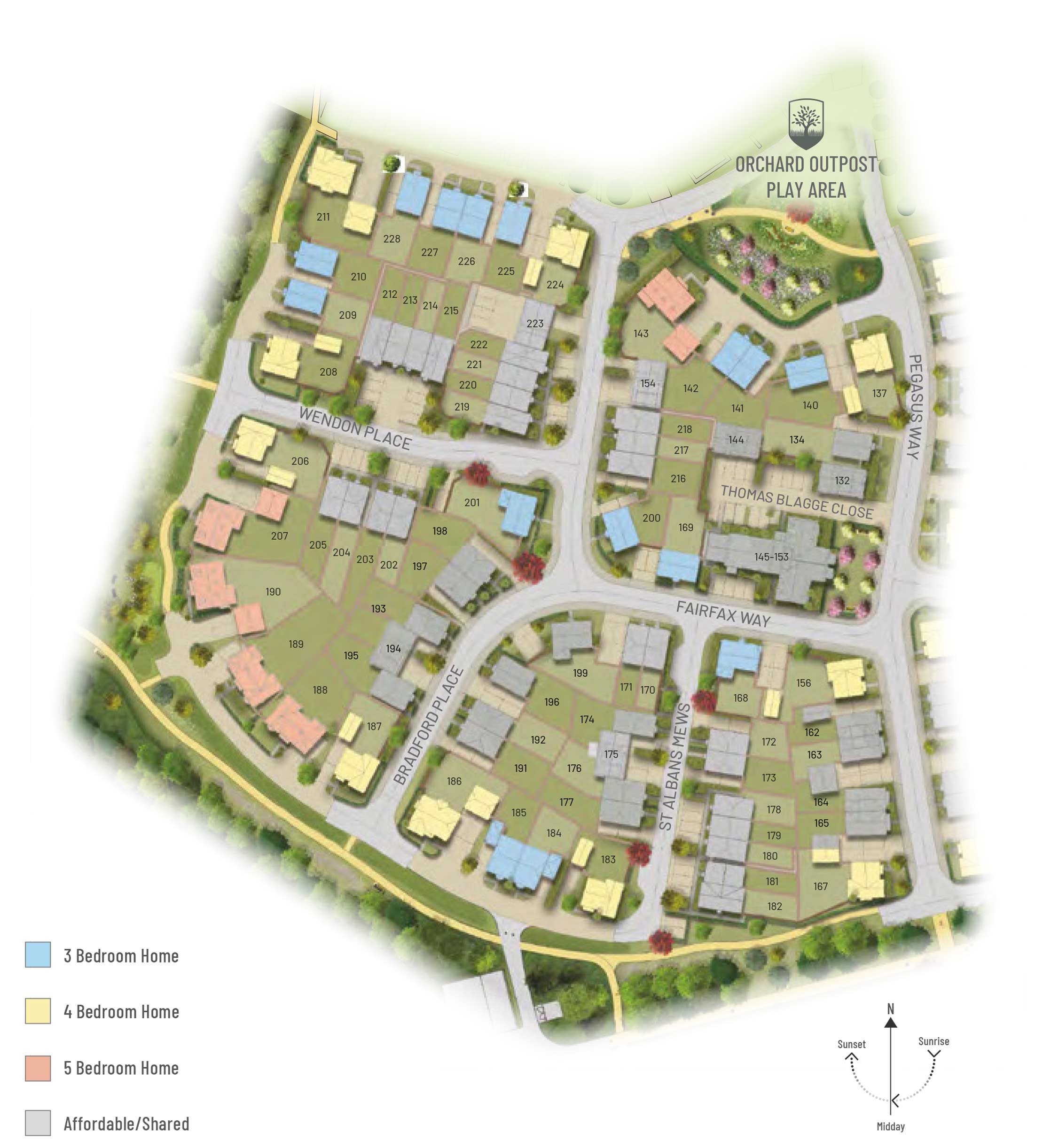 Coloured illustrative site plan denoting plot numbers, roads, different land uses.