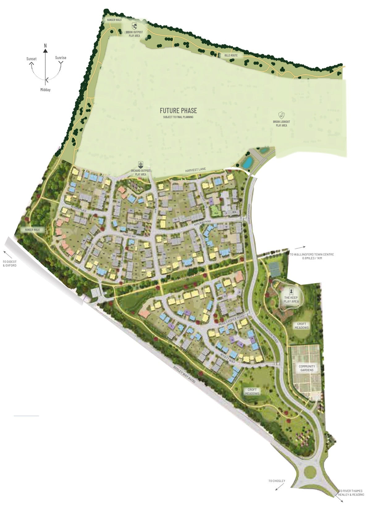 Coloured illustrative site plan denoting plot numbers, roads, different land uses.