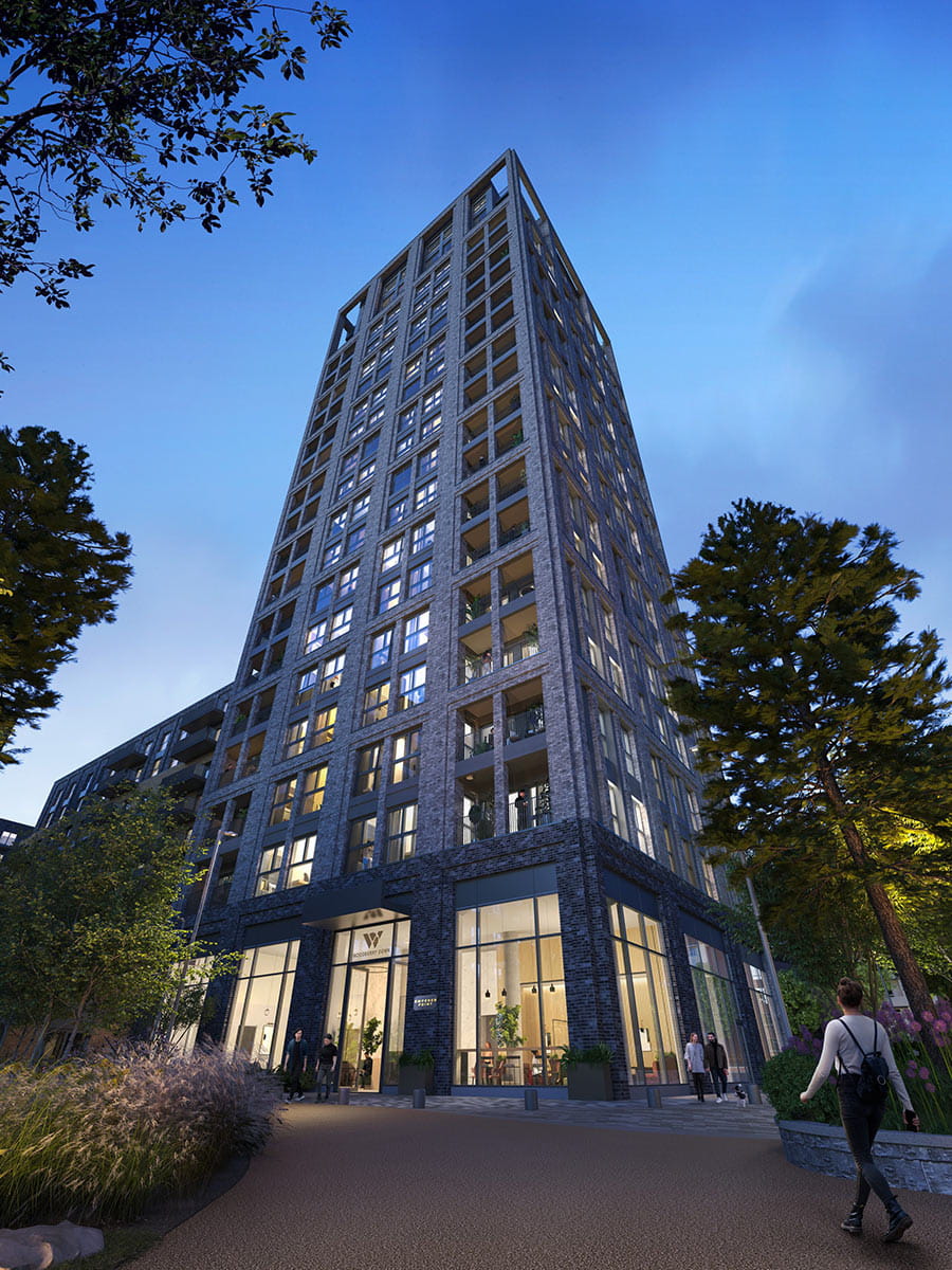 An exterior image of the Crown Collection at Woodberry Down