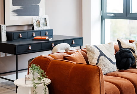 A close up image of the sofa and drawers at Woodberry Down