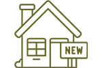 An icon of a house with a sign saying new