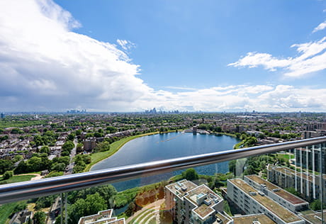 An view of London from a balcony at Woodberry Down