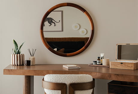 vanity table, modern interior design, circular wall mirror, beige and brown colour palette