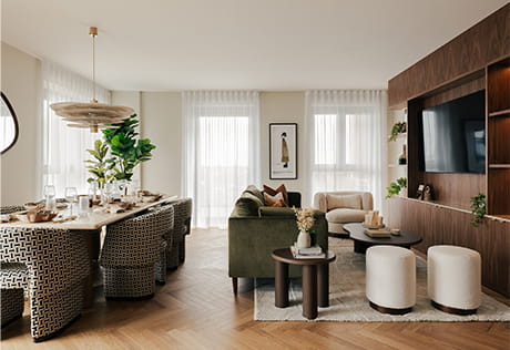 Side-view of dining table and living space with wall mounted TV shelving unit