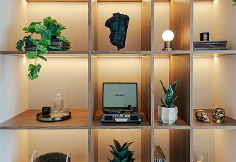 Custom shelving unit with variable sized 'pigeon' holes