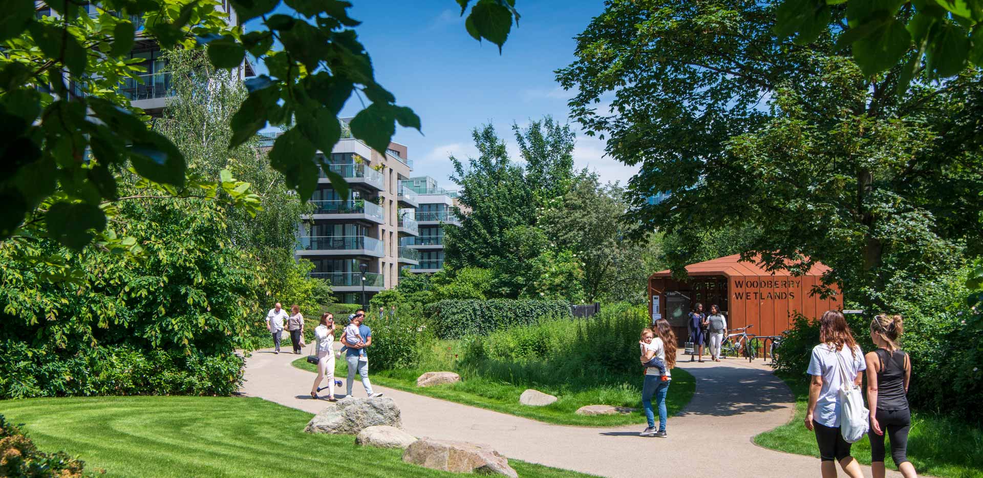CGI of pedestrianised greenery recreational area.