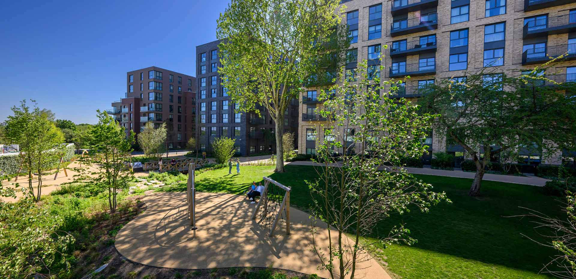 Recreational, green space in front of new build flats.