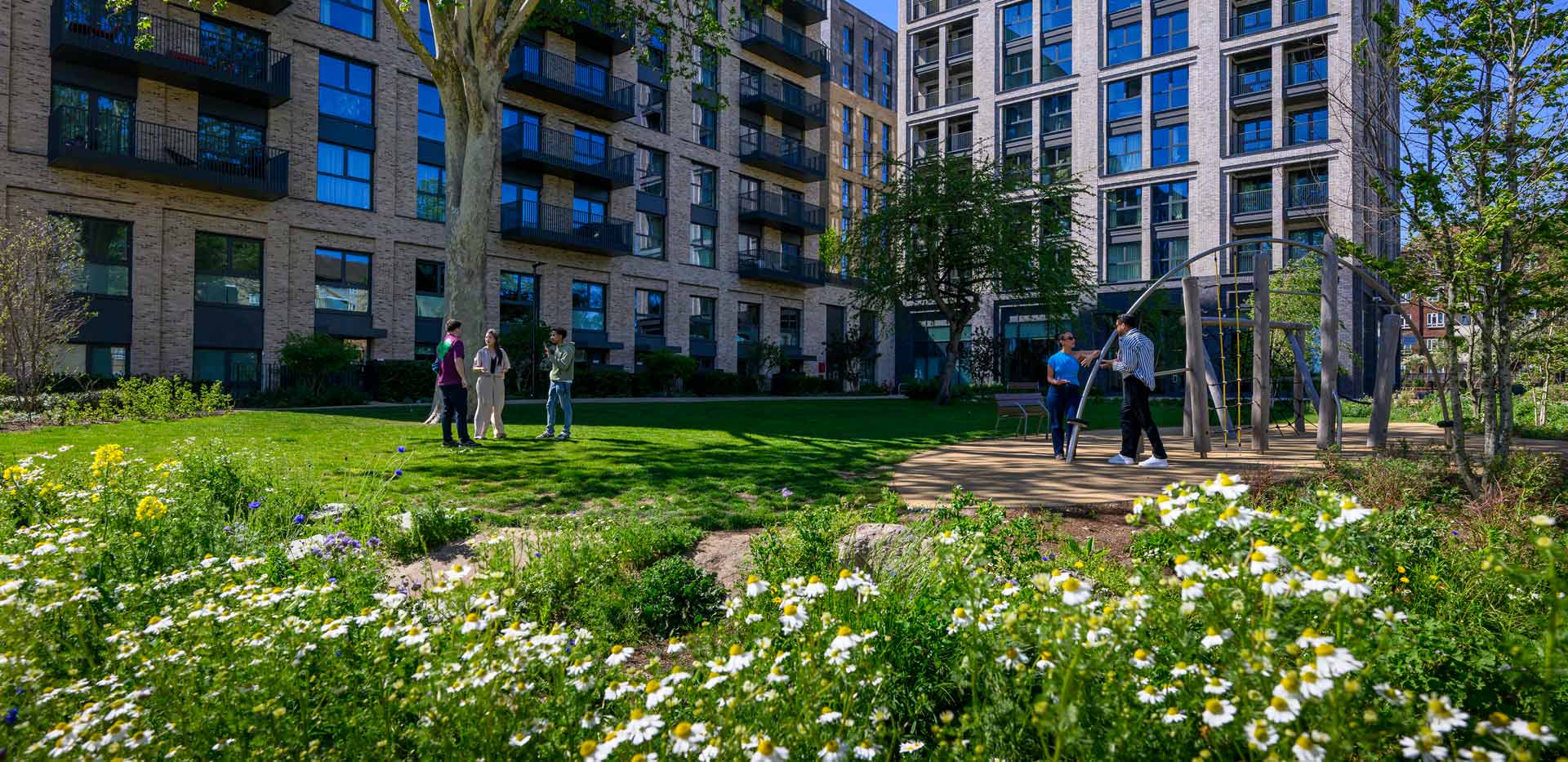 Recreational, green space in front of new build flats.
