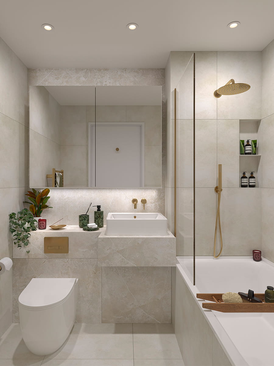 An interior Bathroom image with Light Tiles from The Grove Collection at Woodberry Down