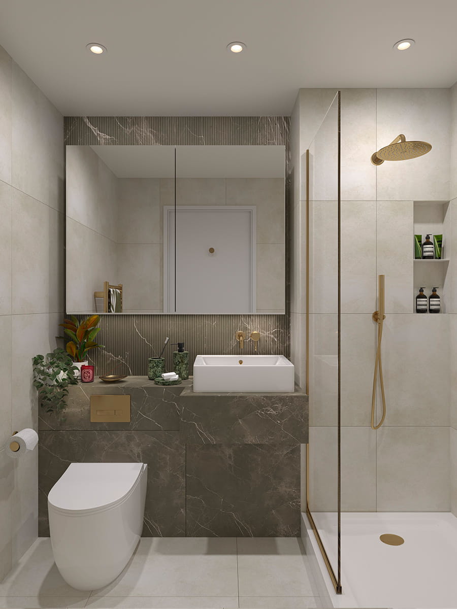 An interior Ensuite image with Dark Tiles from The Grove Collection at Woodberry Down