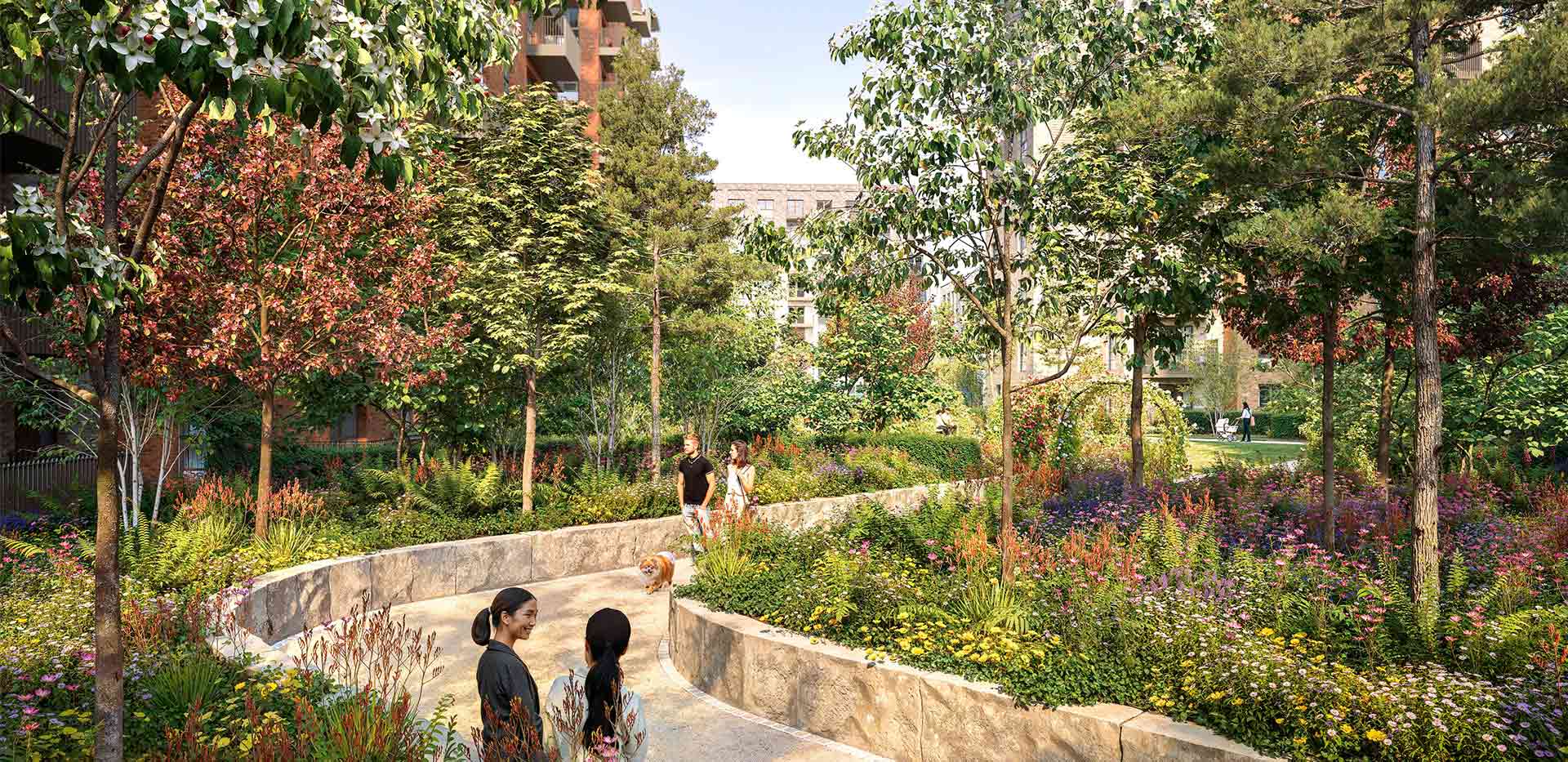 An exterior CGI of the green space and footpath available at The Grove Collection