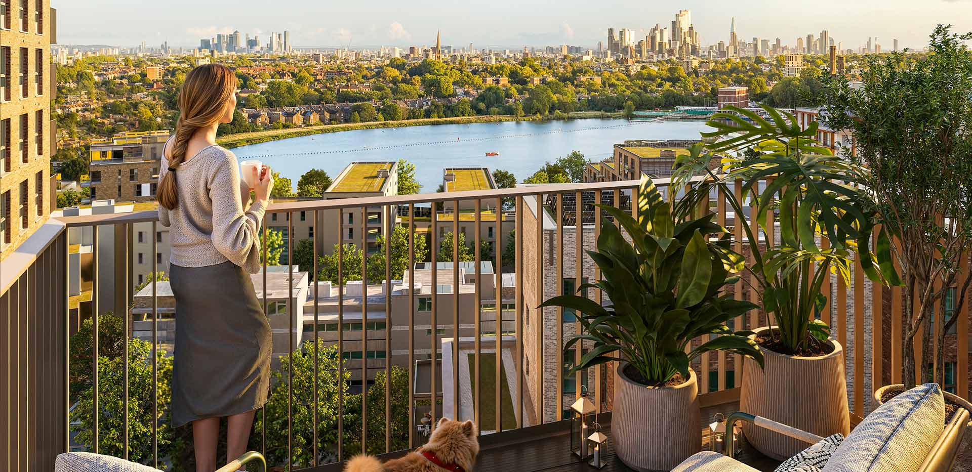 A CGI of a balcony from The Grove Collection looking over Woodberry Down