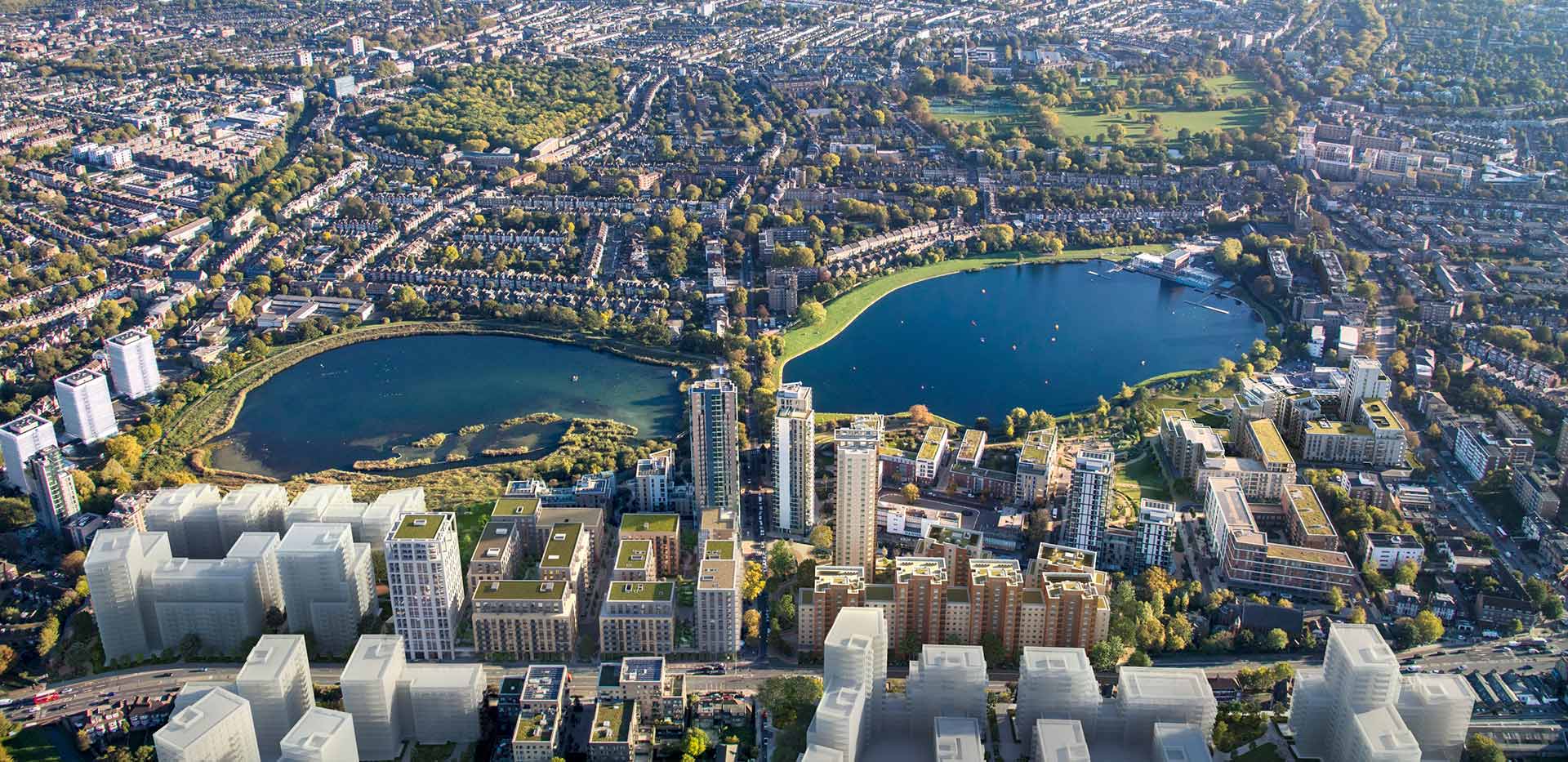 An aerial photograph of the Woodberry Down development showing buildings which will be built in the future