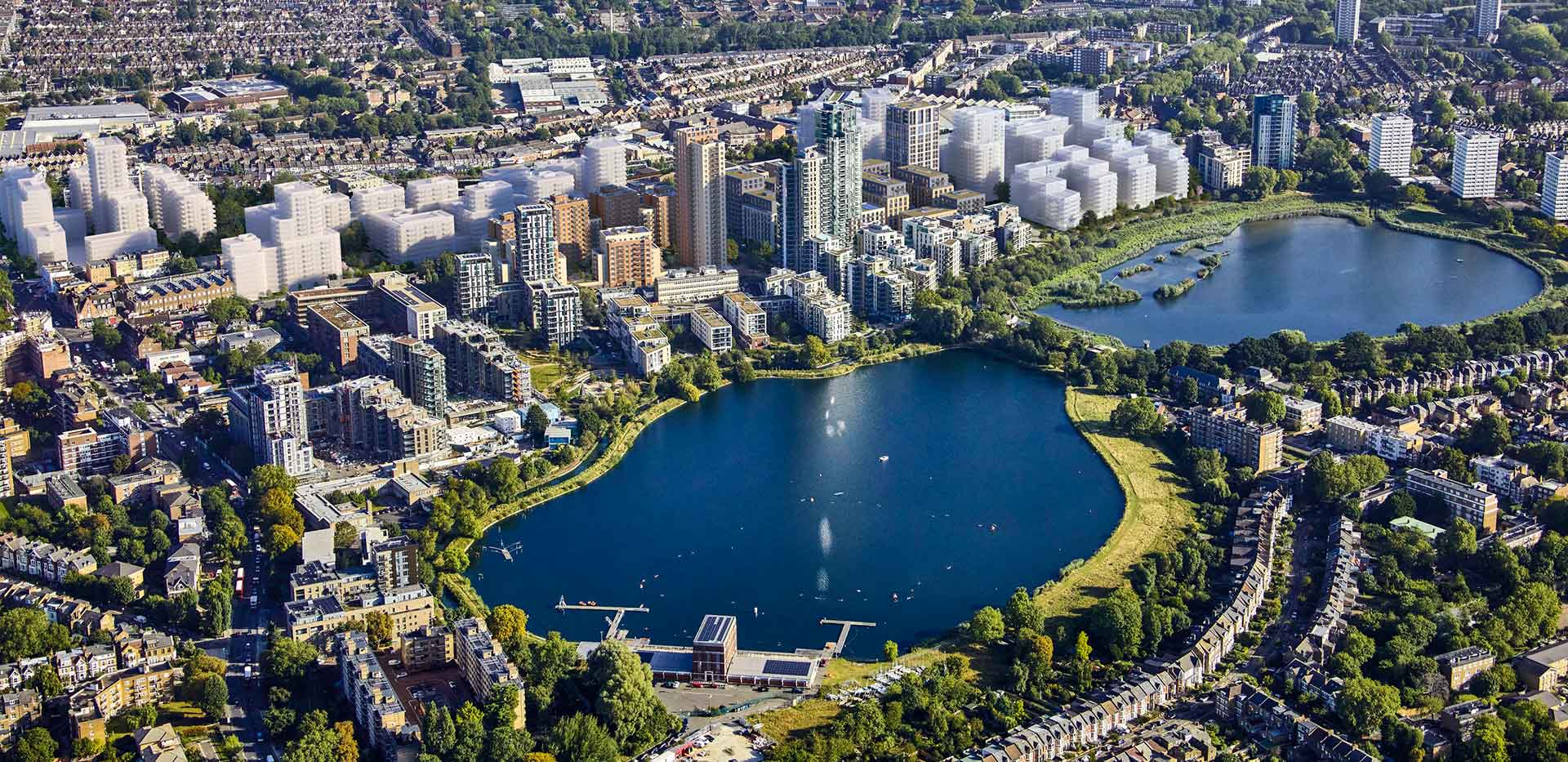 An aerial photograph of the Woodberry Down development showing buildings which will be built in the future