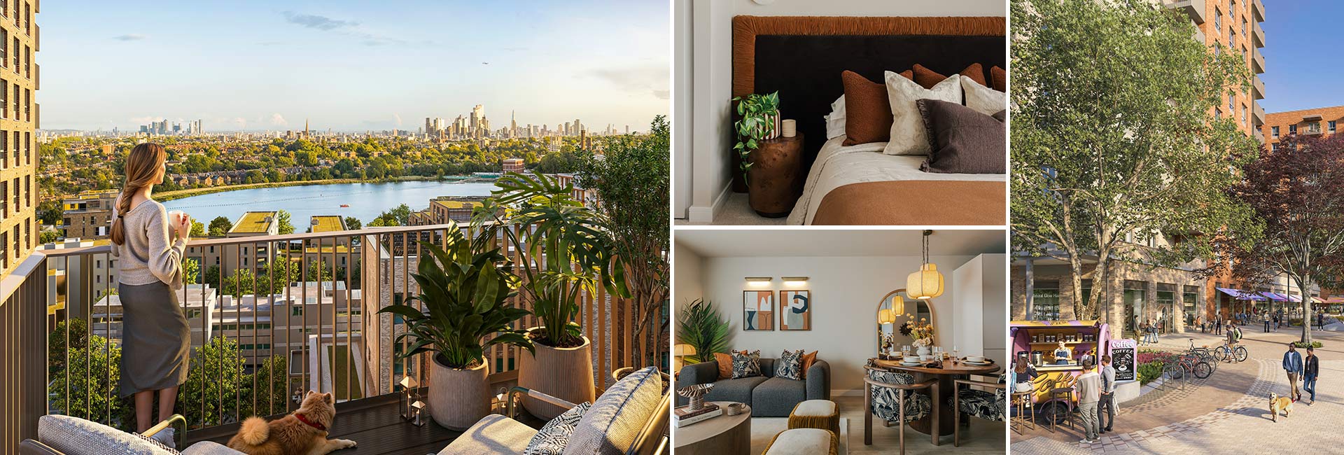 A montage of images showing balcony views, interior designed bedroom and living space, exterior communal areas