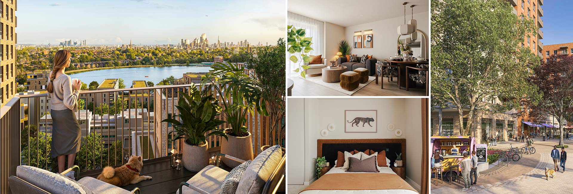 A montage of images showing balcony views, interior designed bedroom and living space, exterior communal areas