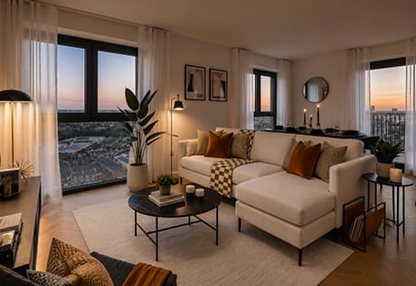 Woodberry Down, cosy and spacious living area with stunning city views