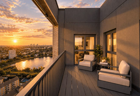 Modern balcony with two armchairs overlooking a river, city skyline and glowing sunset.
