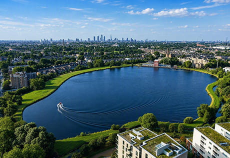 An aerial photograph of the reservoir at Woodberry Down
